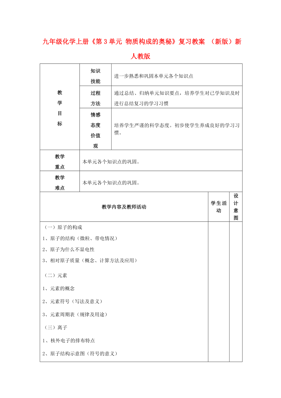 九年級(jí)化學(xué)上冊(cè)《第3單元 物質(zhì)構(gòu)成的奧秘》復(fù)習(xí)教案 （新版）新人教版_第1頁