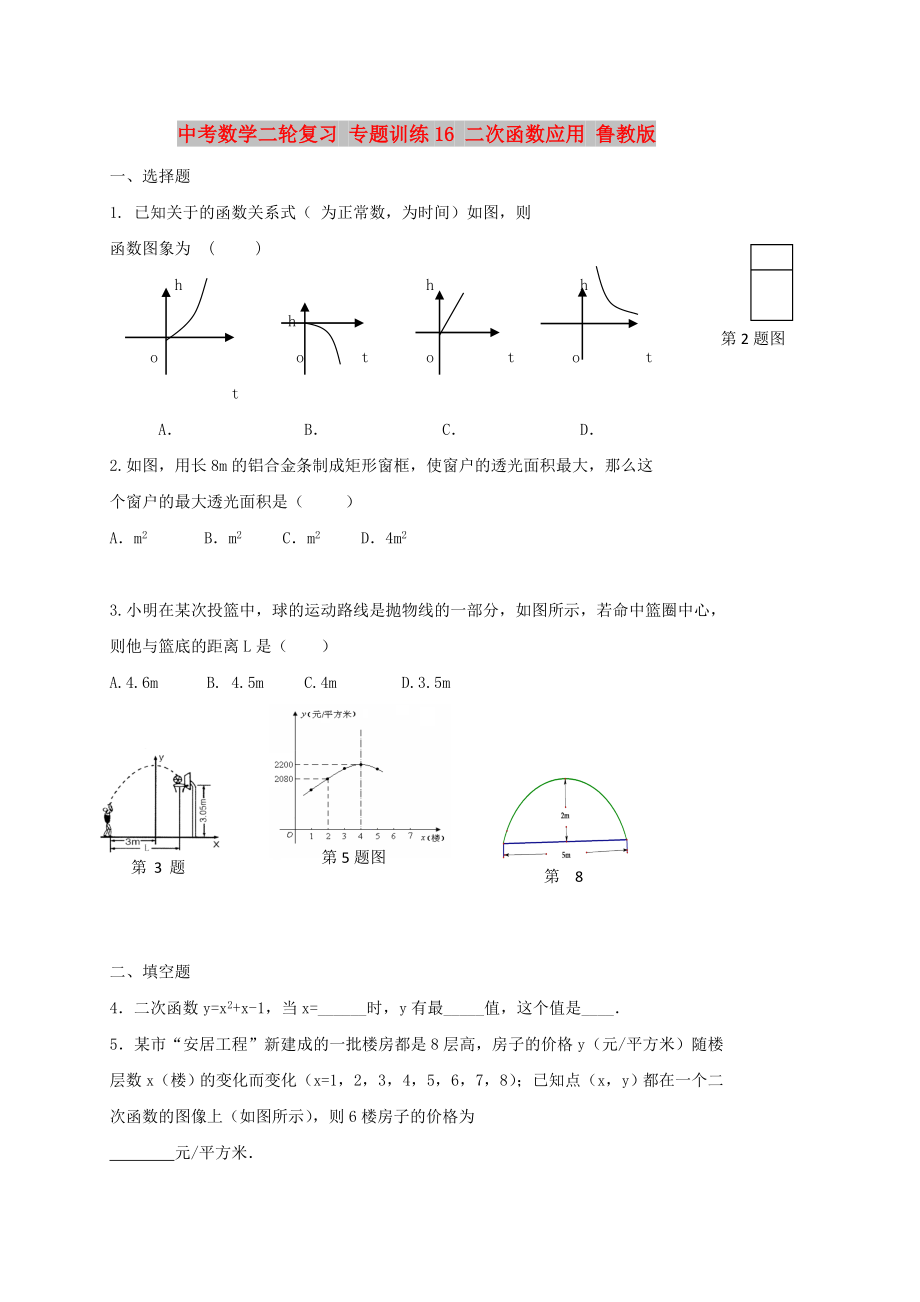 中考数学二轮复习 专题训练16 二次函数应用 鲁教版_第1页