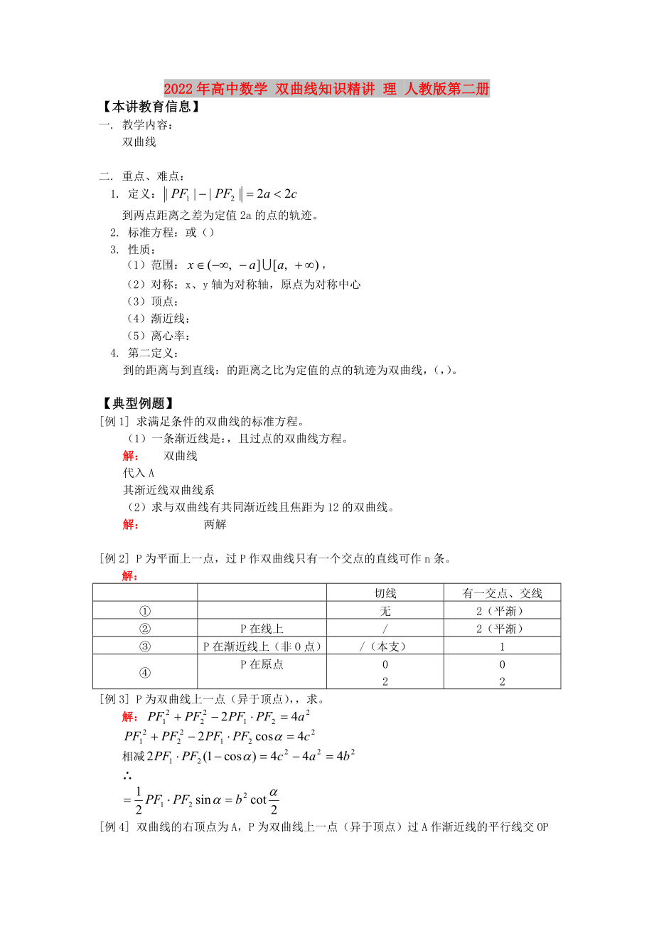 2022年高中數(shù)學(xué) 雙曲線知識(shí)精講 理 人教版第二冊(cè)_第1頁(yè)