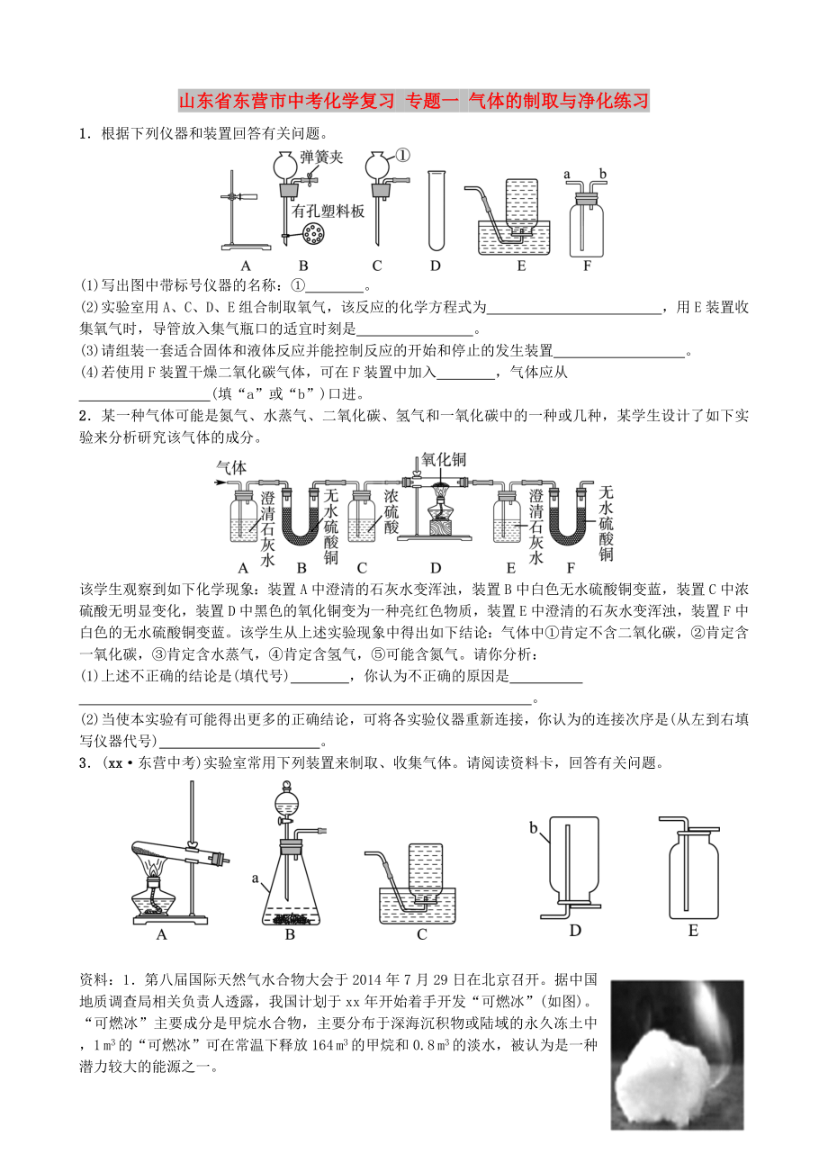 山東省東營(yíng)市中考化學(xué)復(fù)習(xí) 專題一 氣體的制取與凈化練習(xí)_第1頁