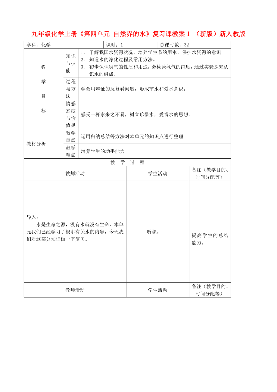 九年級化學(xué)上冊《第四單元 自然界的水》復(fù)習(xí)課教案1 （新版）新人教版_第1頁