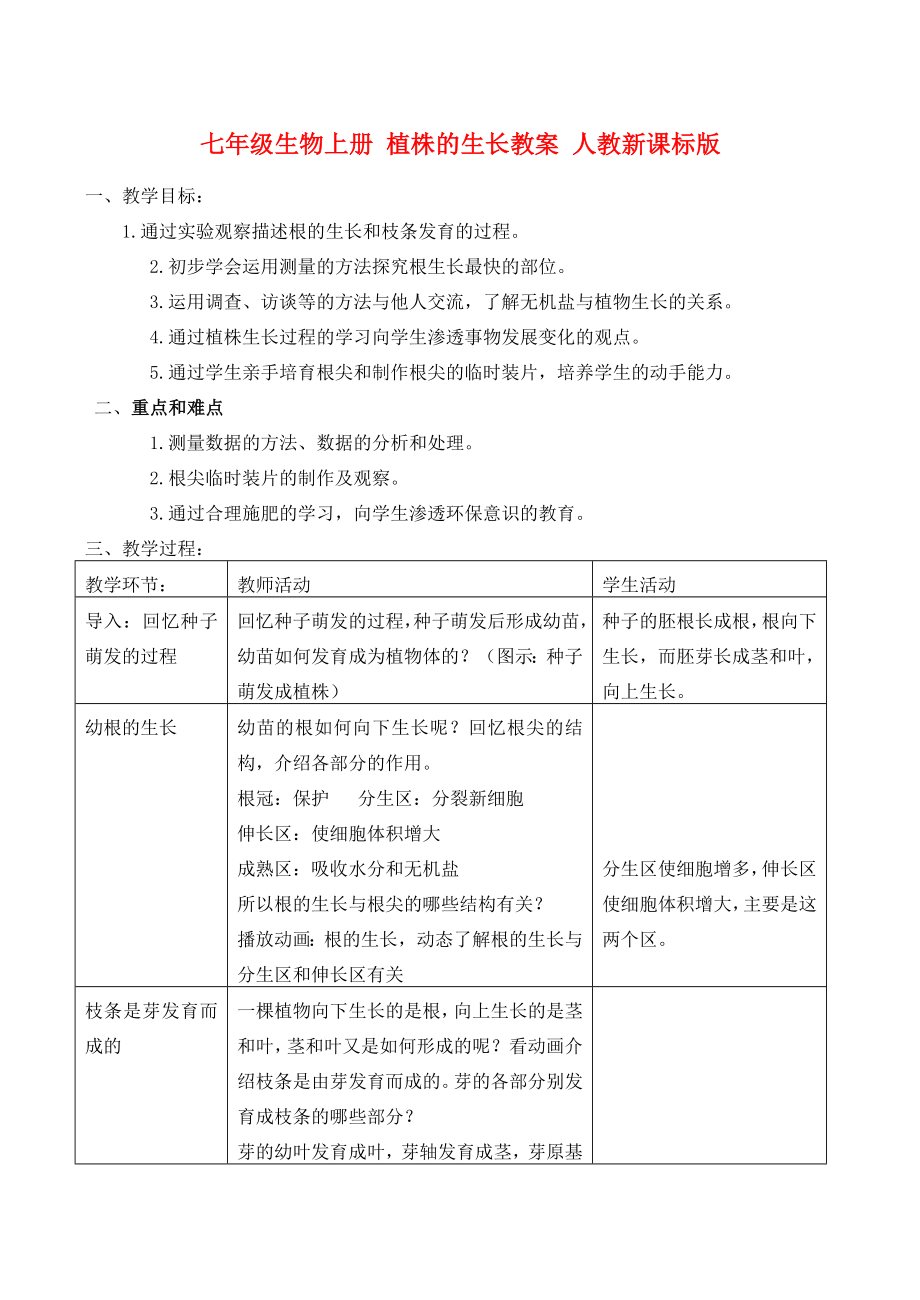 七年级生物上册 植株的生长教案 人教新课标版_第1页