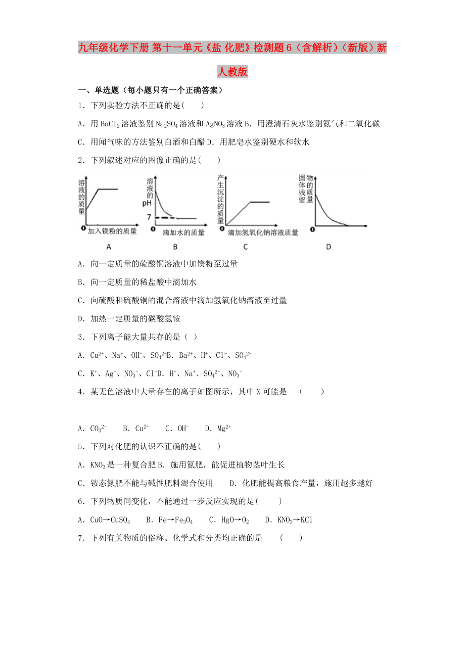 九年級(jí)化學(xué)下冊(cè) 第十一單元《鹽 化肥》檢測(cè)題6（含解析）（新版）新人教版_第1頁(yè)