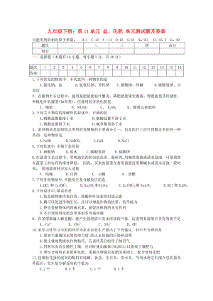 九年級下冊：第11單元 鹽、化肥 單元測試題及答案