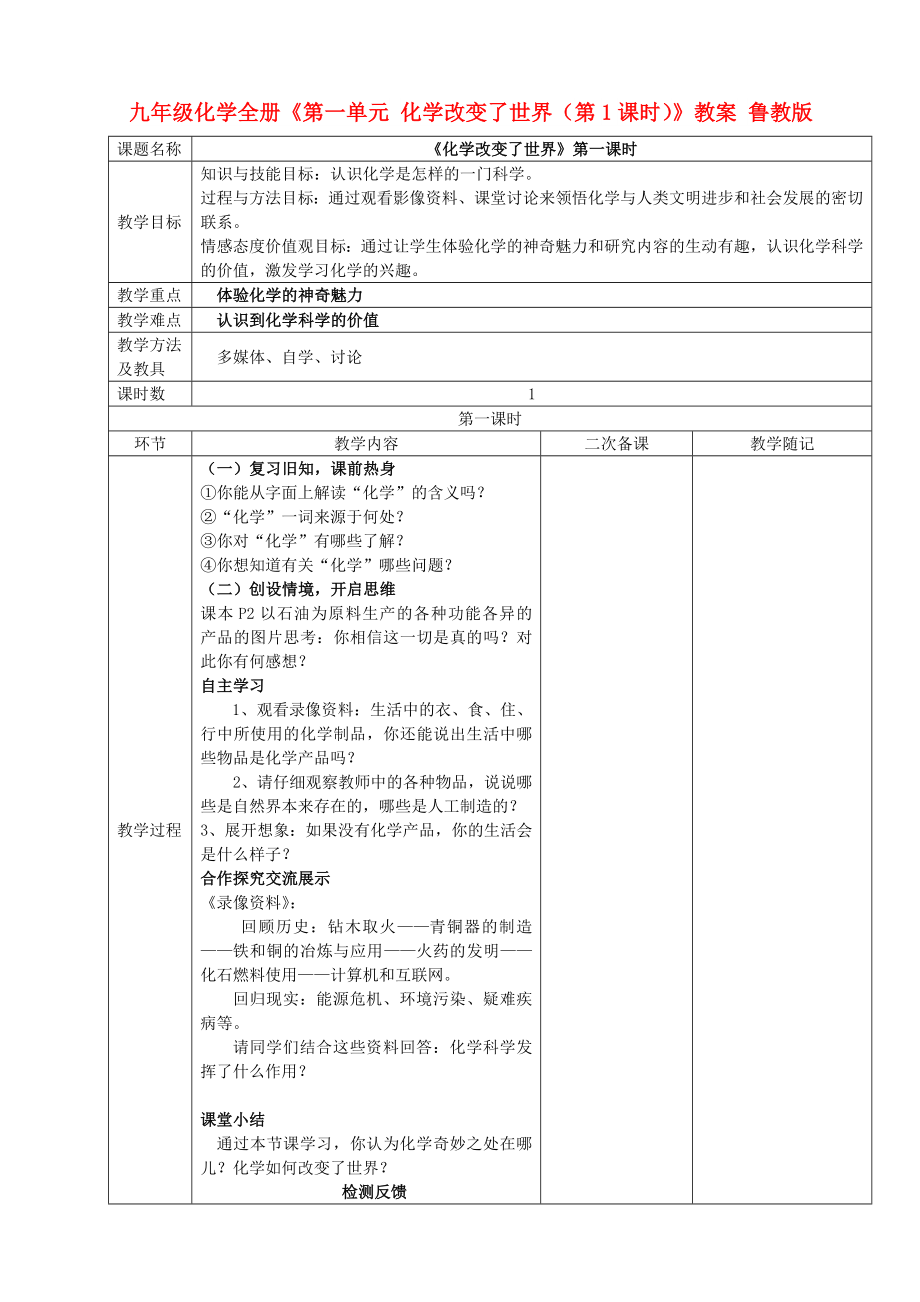 九年級化學(xué)全冊《第一單元 化學(xué)改變了世界（第1課時）》教案 魯教版_第1頁