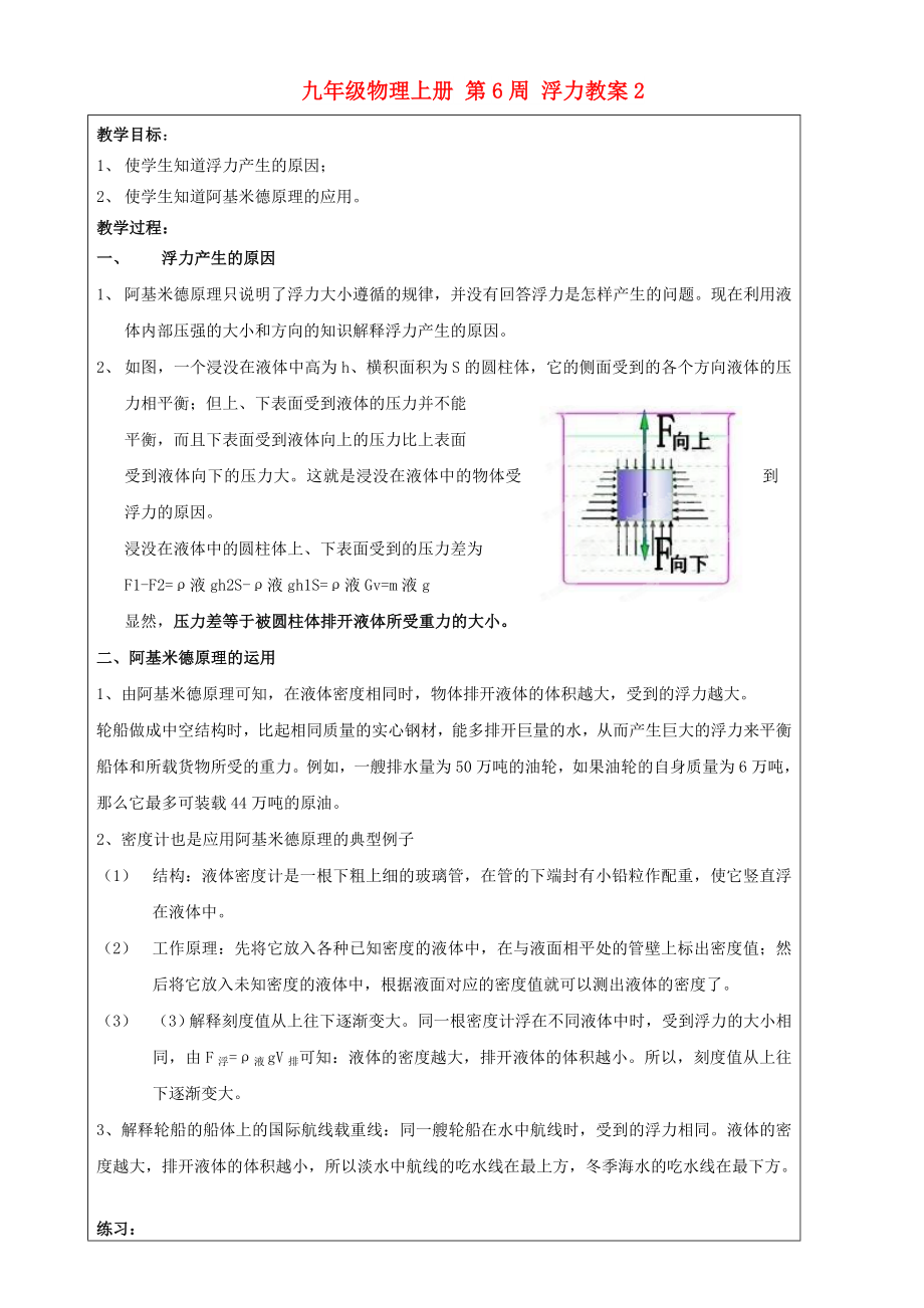 九年級(jí)物理上冊(cè) 第6周 浮力教案2_第1頁(yè)