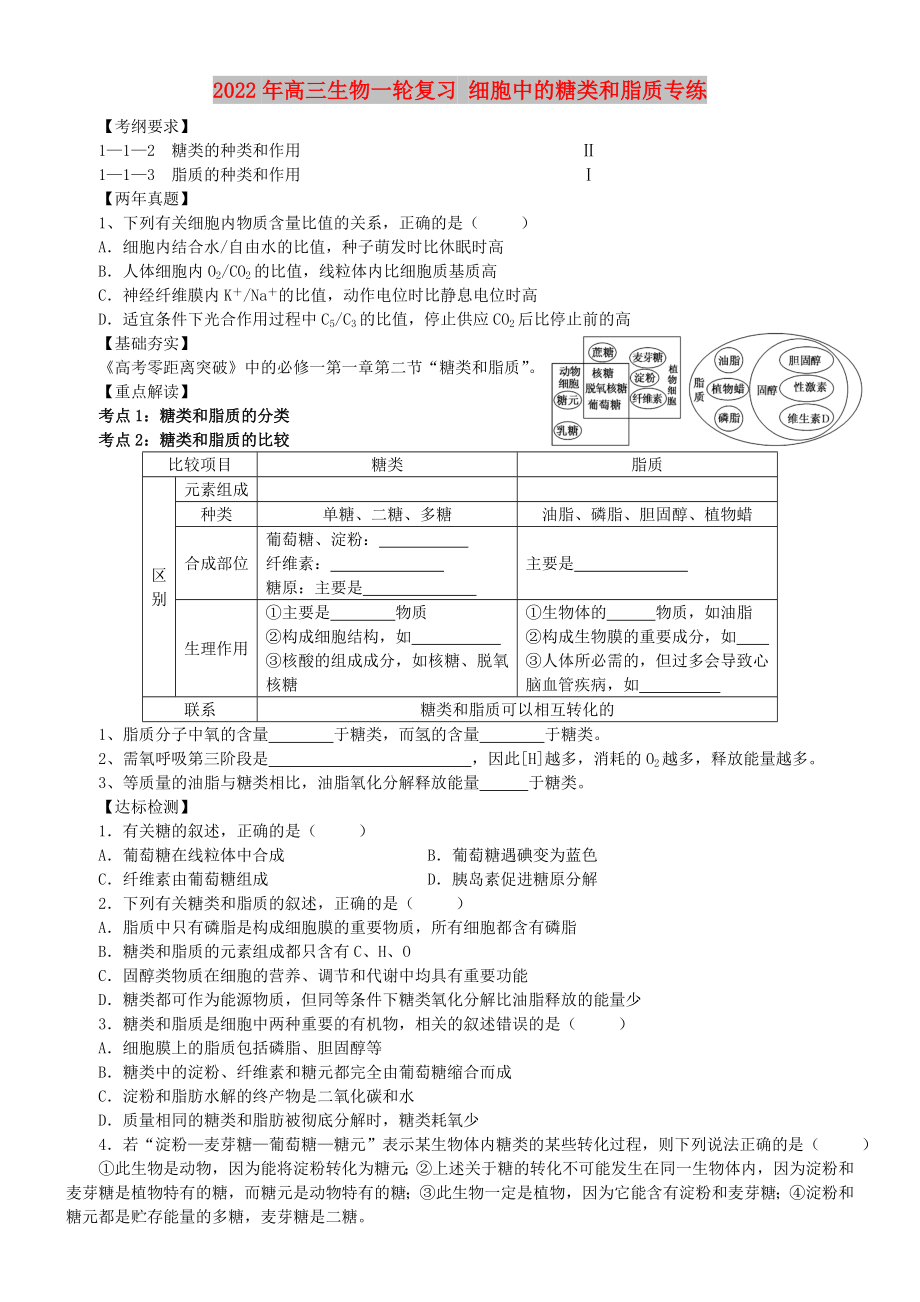 2022年高三生物一輪復(fù)習(xí) 細(xì)胞中的糖類和脂質(zhì)專練_第1頁