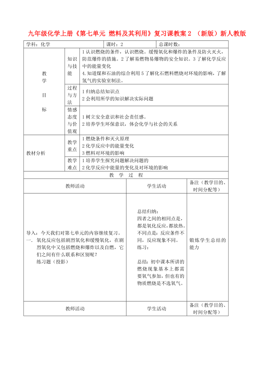 九年級(jí)化學(xué)上冊(cè)《第七單元 燃料及其利用》復(fù)習(xí)課教案2 （新版）新人教版_第1頁