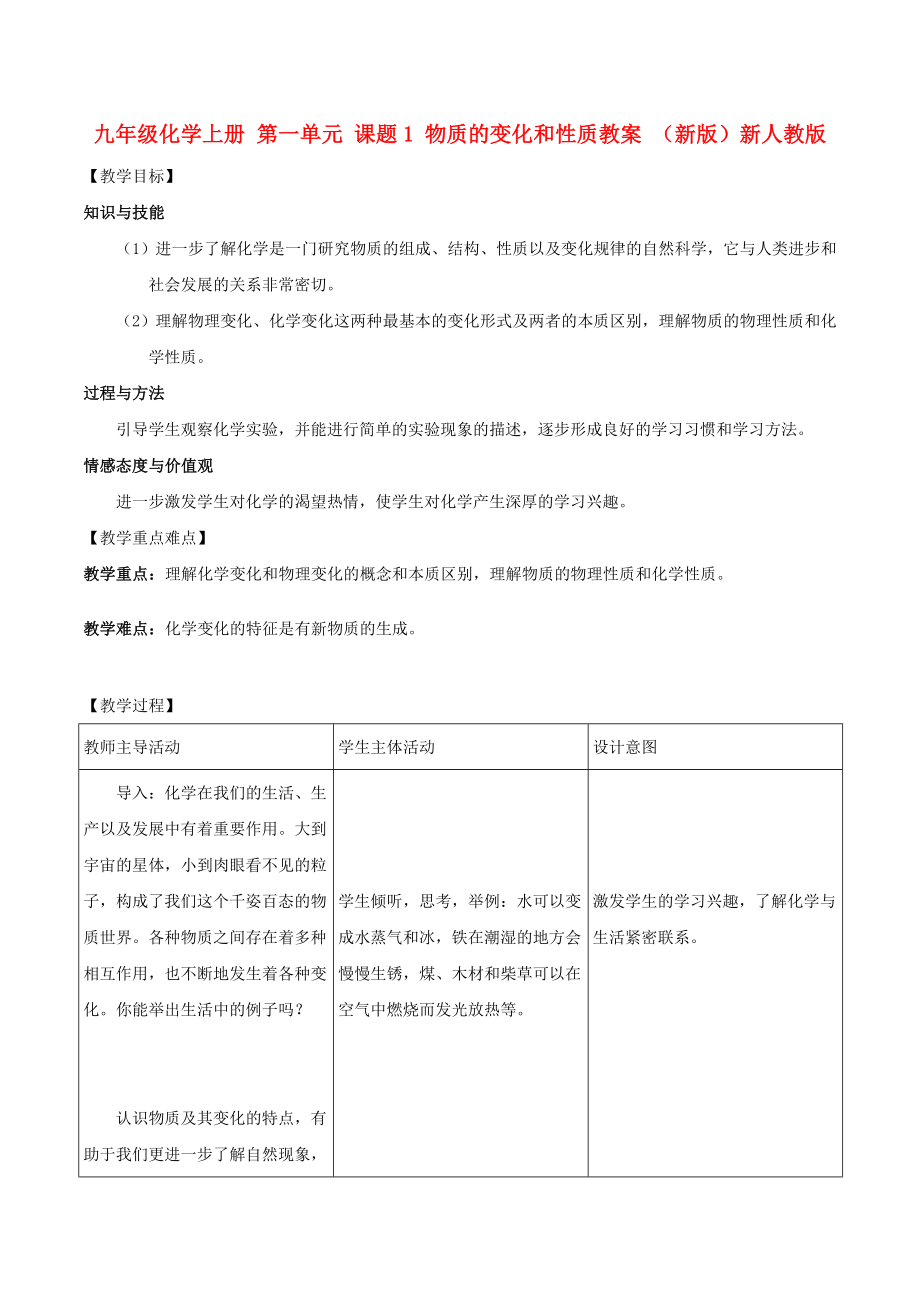 九年級(jí)化學(xué)上冊(cè) 第一單元 課題1 物質(zhì)的變化和性質(zhì)教案 （新版）新人教版_第1頁(yè)