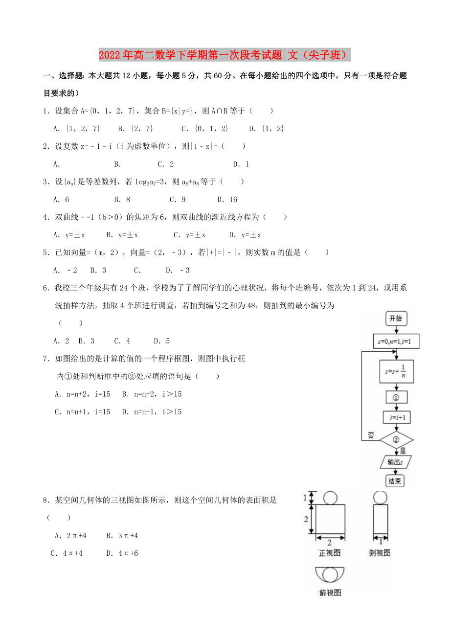 2022年高二數(shù)學(xué)下學(xué)期第一次段考試題 文（尖子班）_第1頁