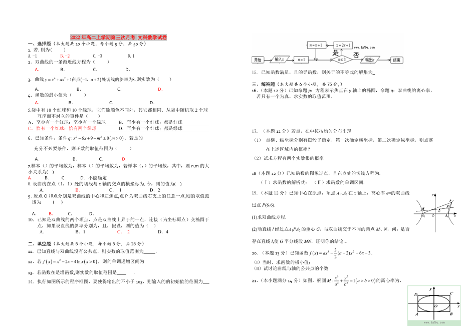 2022年高二上学期第三次月考 文科数学试卷_第1页