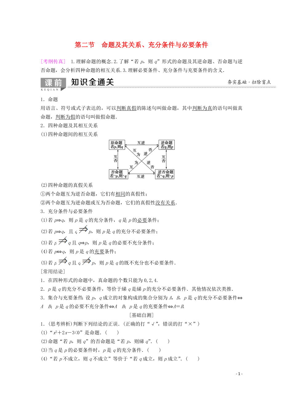 2020版高考數(shù)學(xué)一輪復(fù)習(xí) 第1章 集合與常用邏輯用語(yǔ) 第2節(jié) 命題及其關(guān)系、充分條件與必要條件教學(xué)案 理（含解析）新人教A版_第1頁(yè)