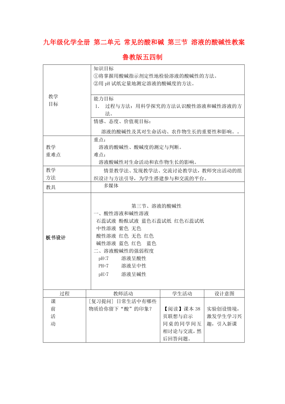 九年級(jí)化學(xué)全冊(cè) 第二單元 常見的酸和堿 第三節(jié) 溶液的酸堿性教案 魯教版五四制_第1頁