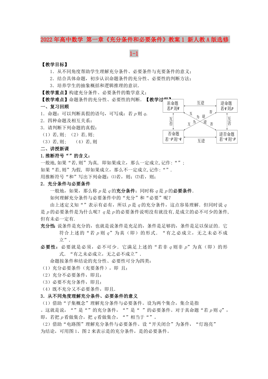 2022年高中数学 第一章《充分条件和必要条件》教案1 新人教A版选修1-1_第1页