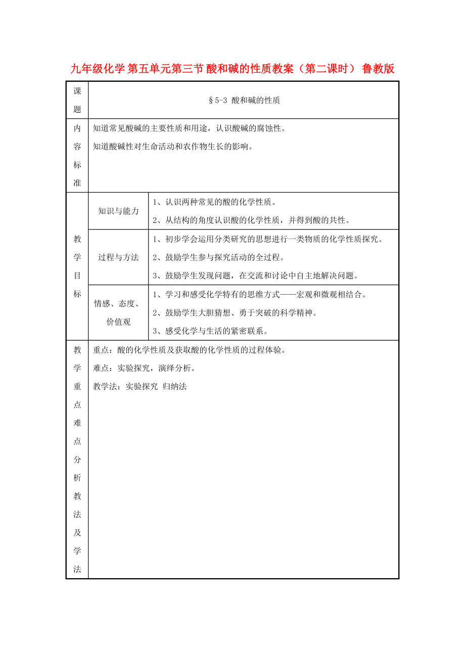 九年級(jí)化學(xué) 第五單元第三節(jié) 酸和堿的性質(zhì)教案（第二課時(shí)） 魯教版_第1頁(yè)