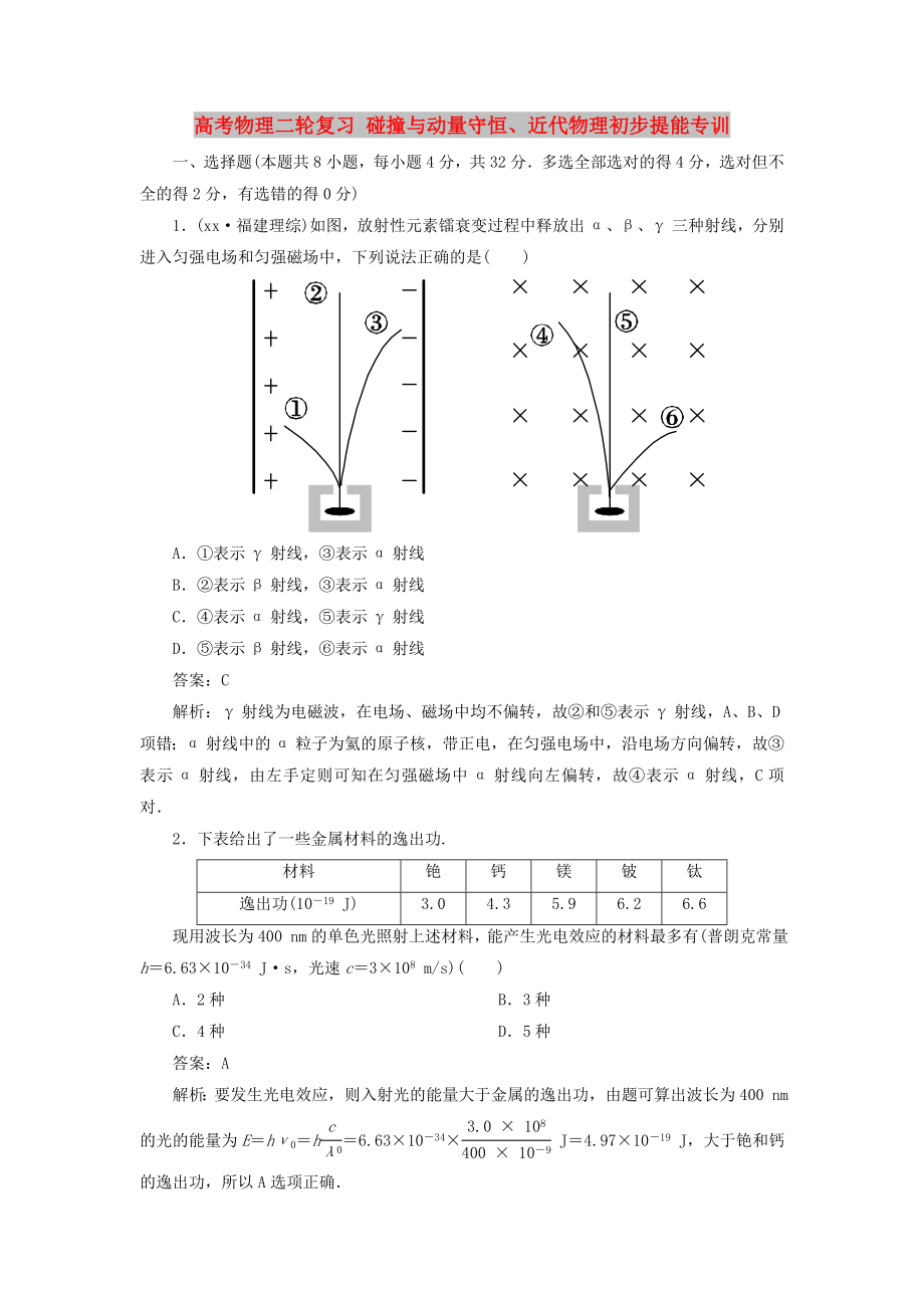 高考物理二轮复习 碰撞与动量守恒、近代物理初步提能专训_第1页