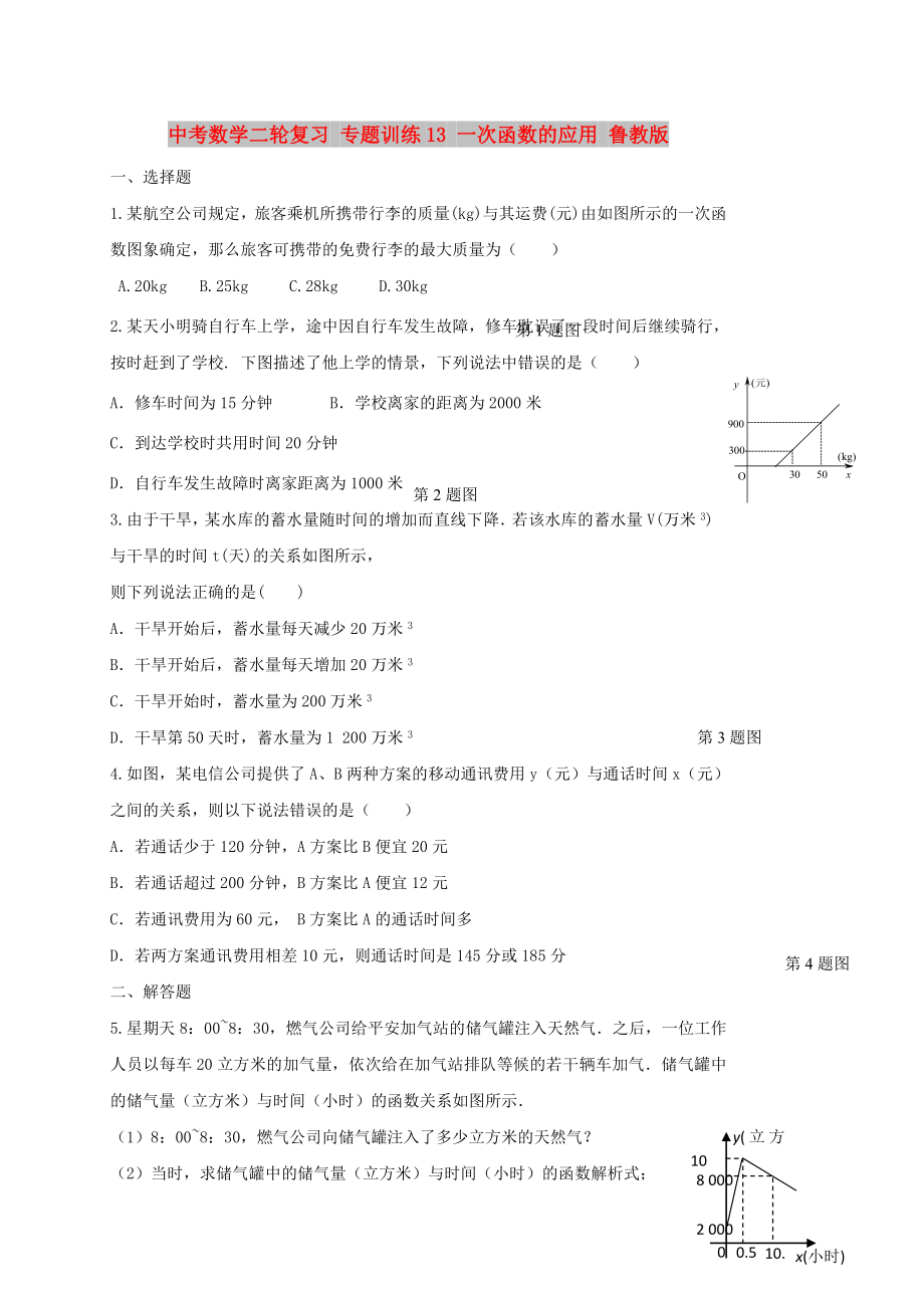 中考數(shù)學二輪復習 專題訓練13 一次函數(shù)的應用 魯教版_第1頁