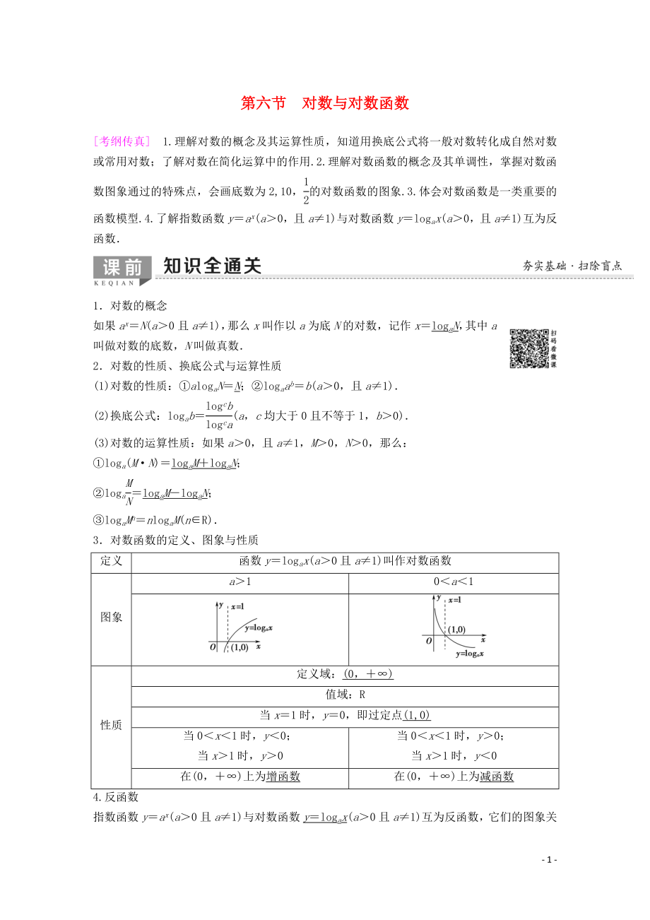 2020版高考數(shù)學(xué)一輪復(fù)習(xí) 第2章 函數(shù)、導(dǎo)數(shù)及其應(yīng)用 第6節(jié) 對(duì)數(shù)與對(duì)數(shù)函數(shù)教學(xué)案 理（含解析）新人教A版_第1頁(yè)