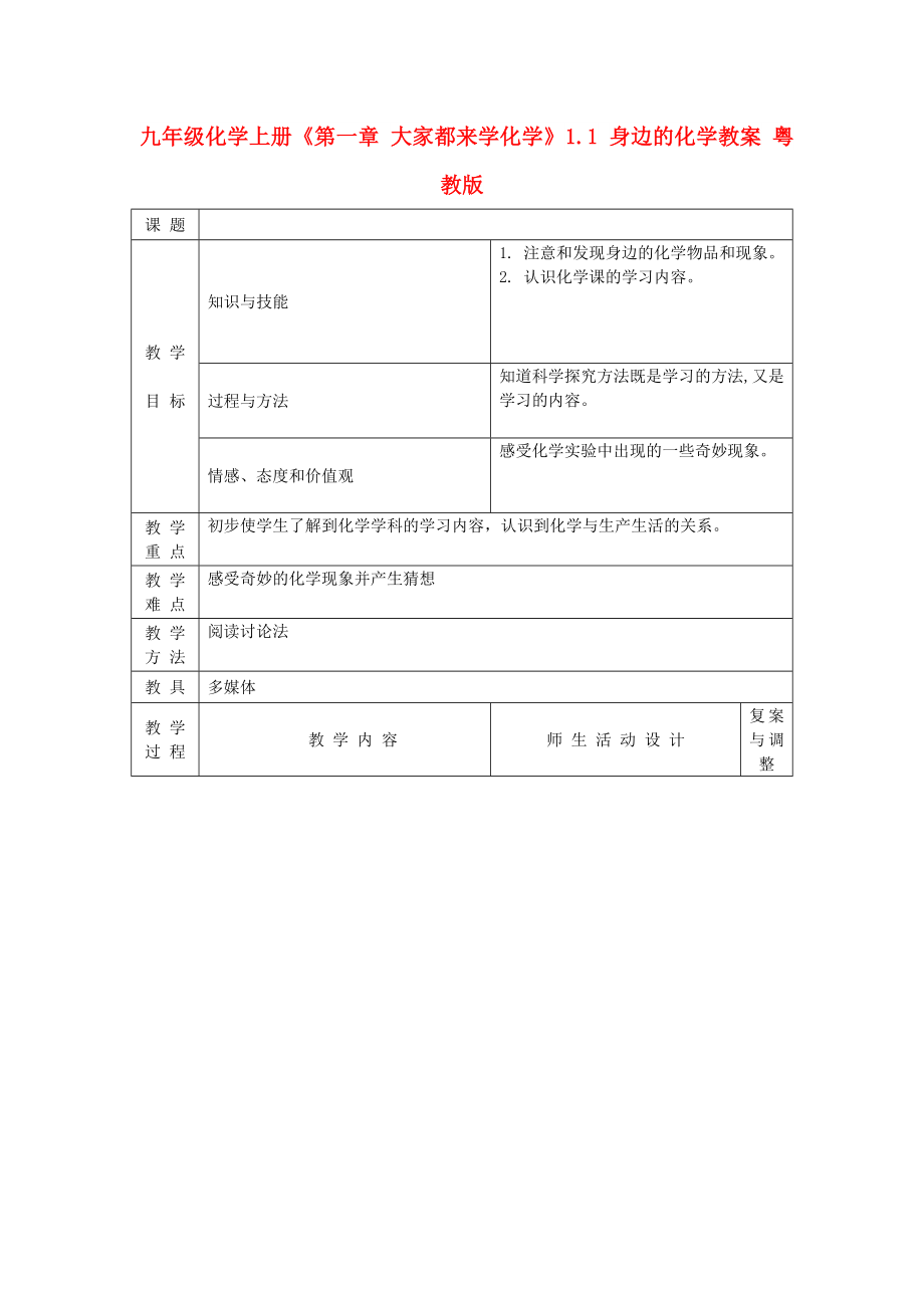 九年級化學上冊《第一章 大家都來學化學》1.1 身邊的化學教案 粵教版_第1頁