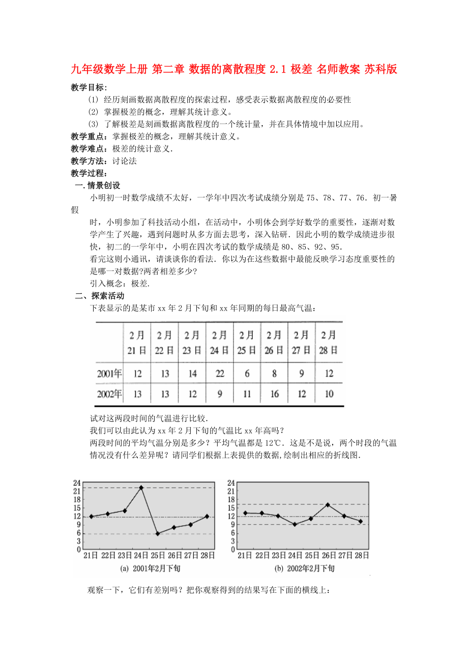 九年級(jí)數(shù)學(xué)上冊(cè) 第二章 數(shù)據(jù)的離散程度 2.1 極差 名師教案 蘇科版_第1頁