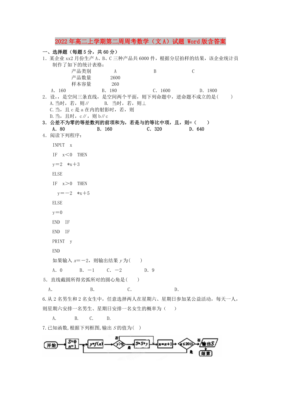 2022年高二上学期第二周周考数学（文A）试题 Word版含答案_第1页