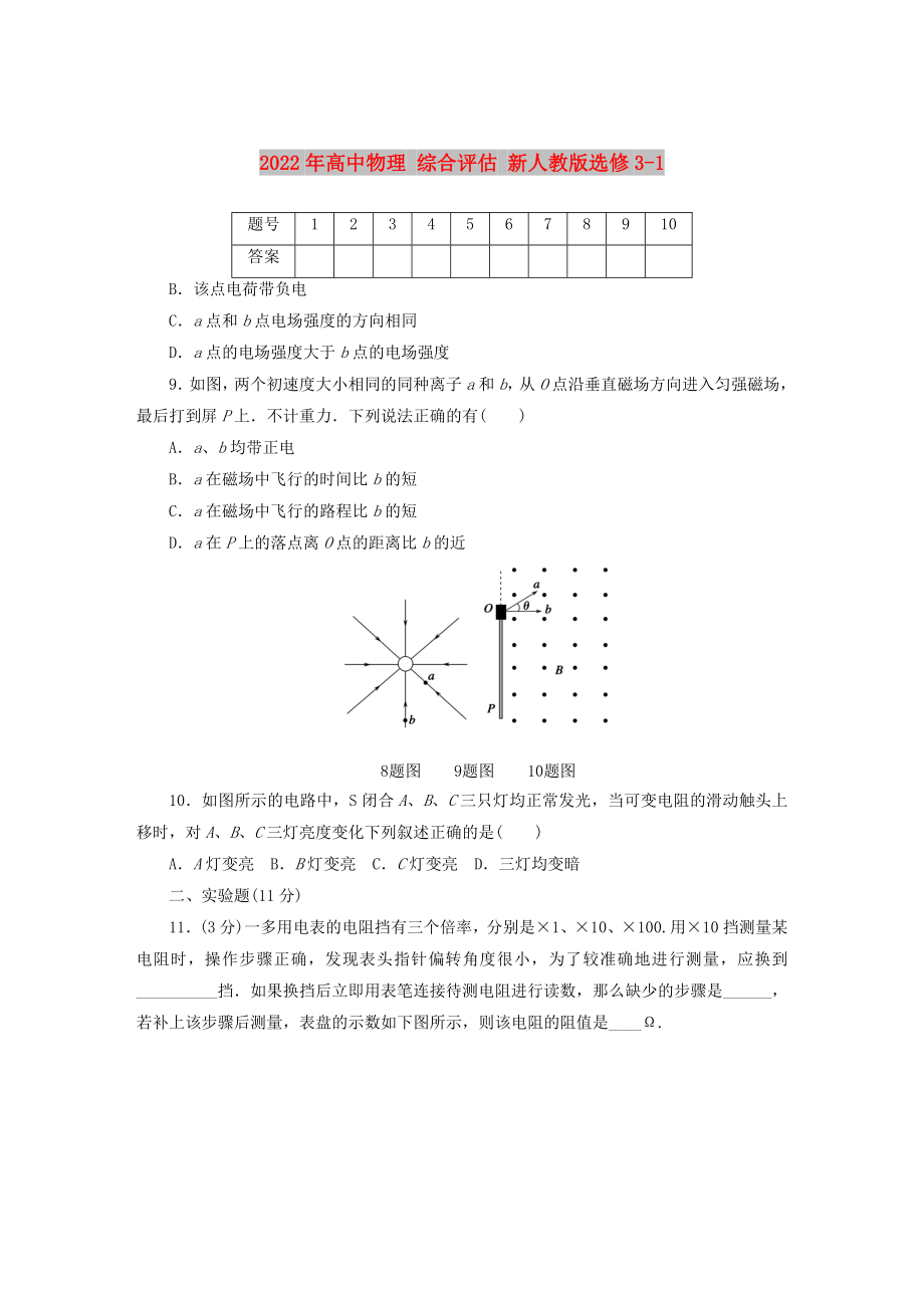 2022年高中物理 綜合評估 新人教版選修3-1_第1頁