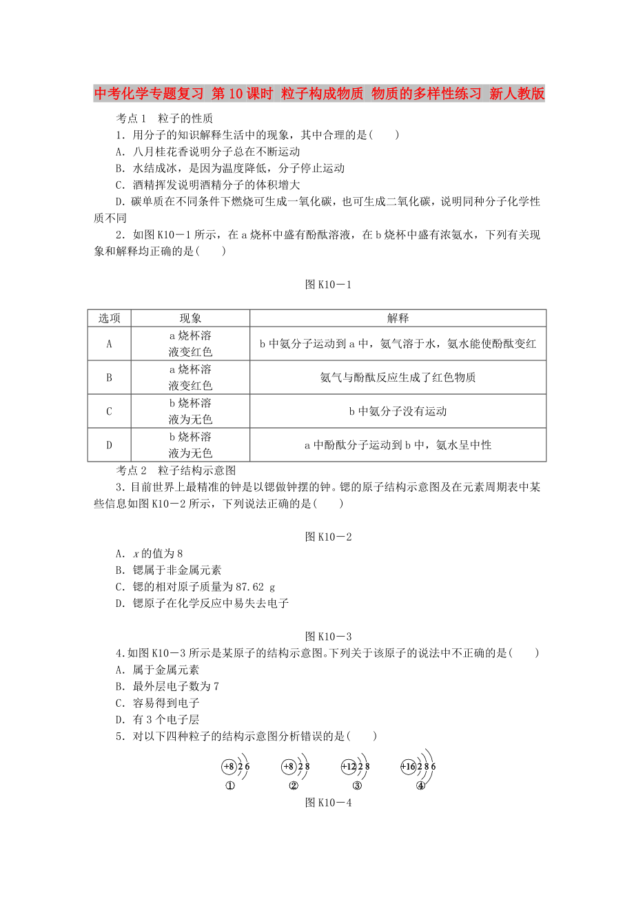 中考化學(xué)專題復(fù)習(xí) 第10課時(shí) 粒子構(gòu)成物質(zhì) 物質(zhì)的多樣性練習(xí) 新人教版_第1頁(yè)