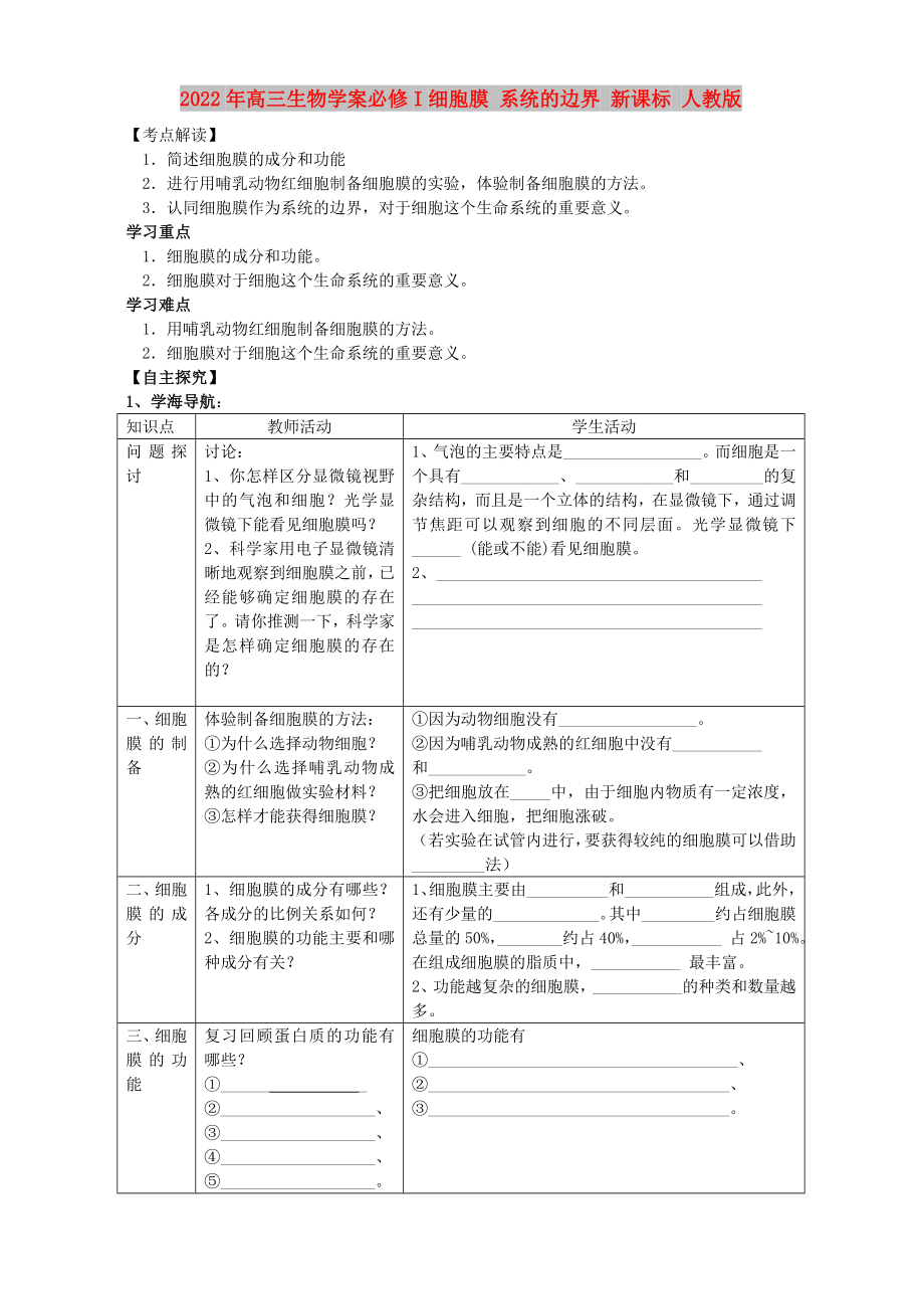 2022年高三生物學案必修I細胞膜 系統(tǒng)的邊界 新課標 人教版_第1頁