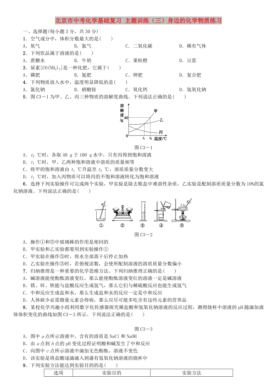 北京市中考化學(xué)基礎(chǔ)復(fù)習(xí) 主題訓(xùn)練（三）身邊的化學(xué)物質(zhì)練習(xí)_第1頁