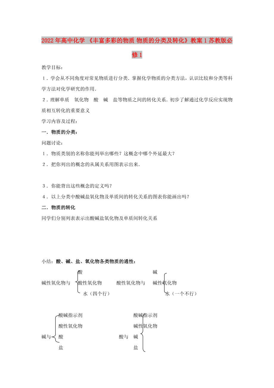 2022年高中化學(xué) 《豐富多彩的物質(zhì) 物質(zhì)的分類及轉(zhuǎn)化》教案1 蘇教版必修1_第1頁