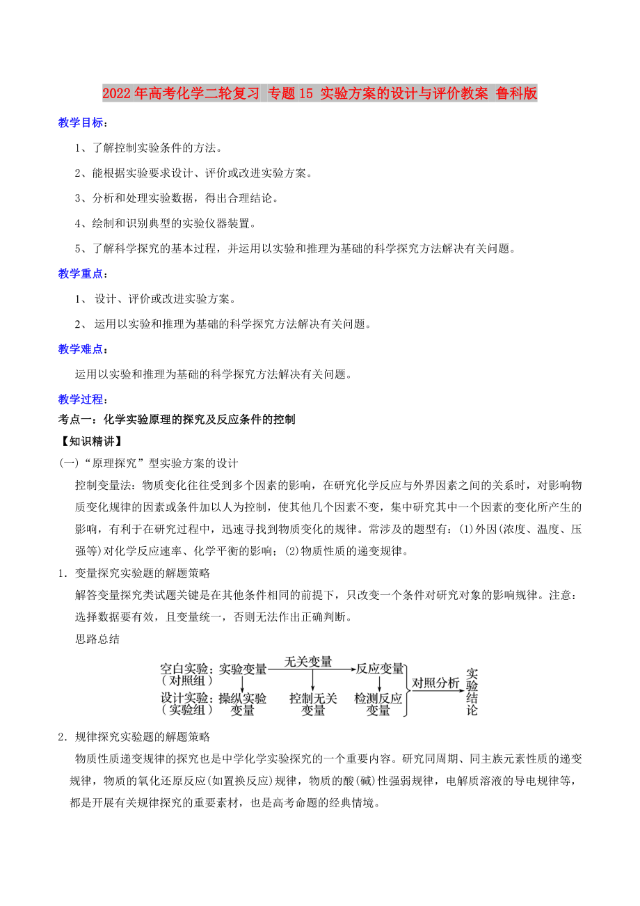 2022年高考化學二輪復習 專題15 實驗方案的設計與評價教案 魯科版_第1頁