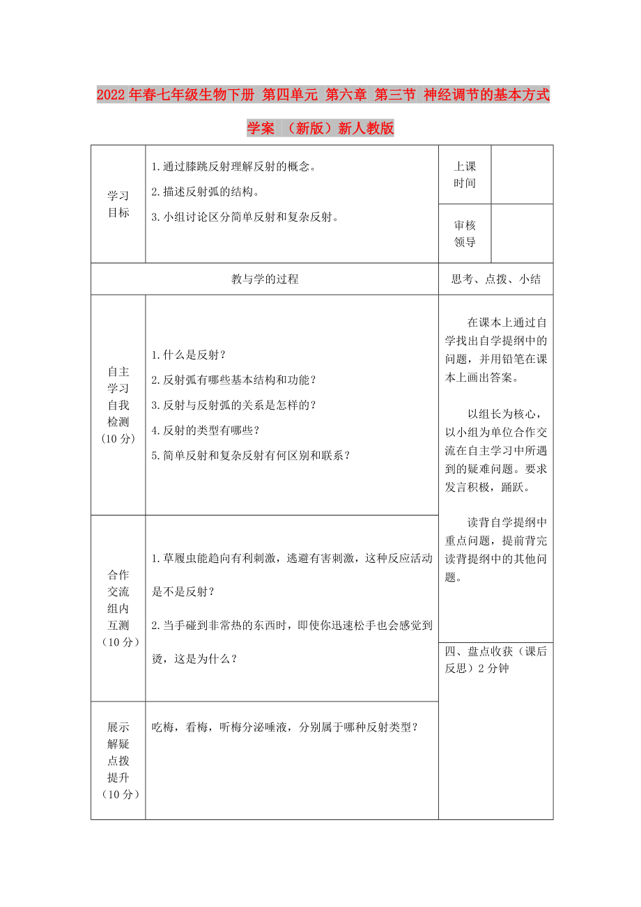 2022年春七年級(jí)生物下冊(cè) 第四單元 第六章 第三節(jié) 神經(jīng)調(diào)節(jié)的基本方式學(xué)案 （新版）新人教版_第1頁