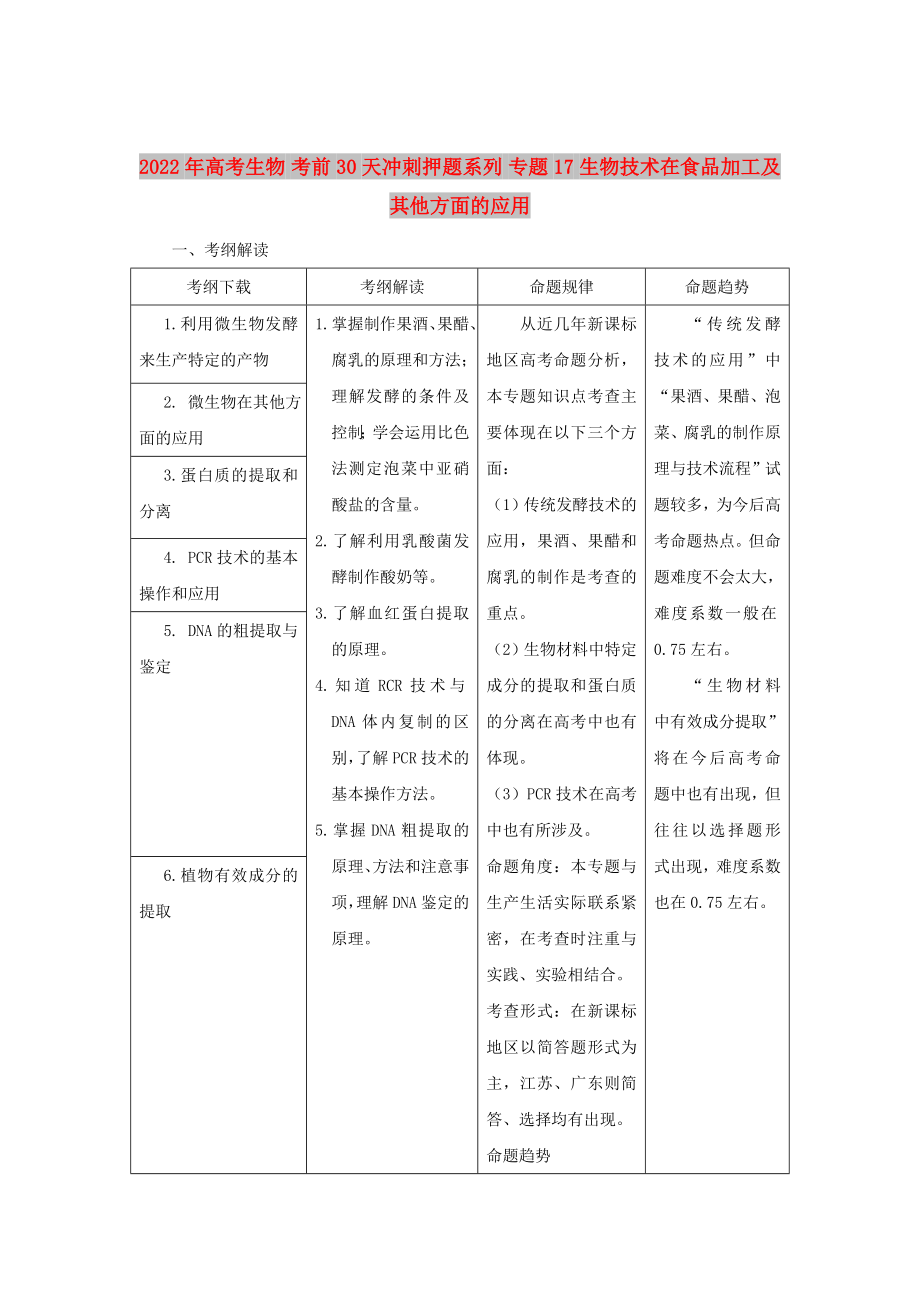 2022年高考生物 考前30天沖刺押題系列 專題17 生物技術(shù)在食品加工及其他方面的應(yīng)用_第1頁(yè)