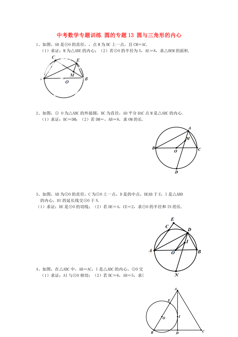 中考數(shù)學專題訓練 圓的專題13 圓與三角形的內心_第1頁