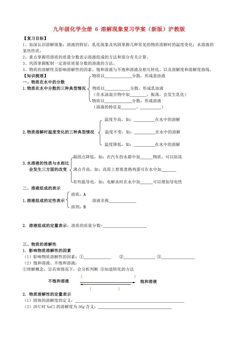 九年級(jí)化學(xué)全冊(cè) 6 溶解現(xiàn)象復(fù)習(xí)學(xué)案（新版）滬教版_第1頁