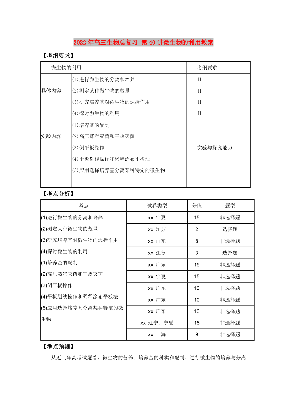 2022年高三生物总复习 第40讲微生物的利用教案_第1页