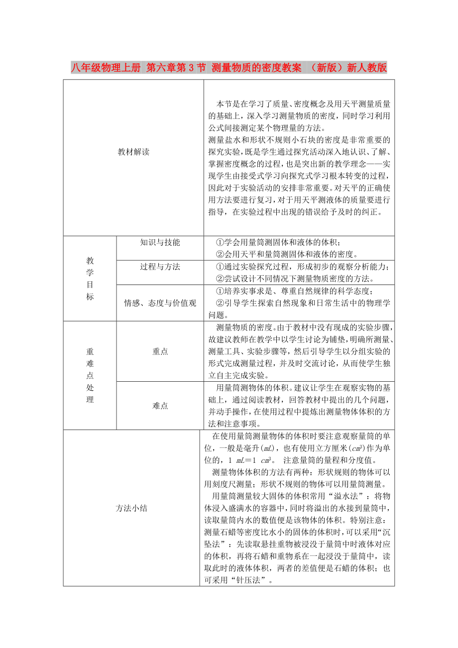 八年級物理上冊 第六章第3節(jié) 測量物質(zhì)的密度教案 （新版）新人教版_第1頁