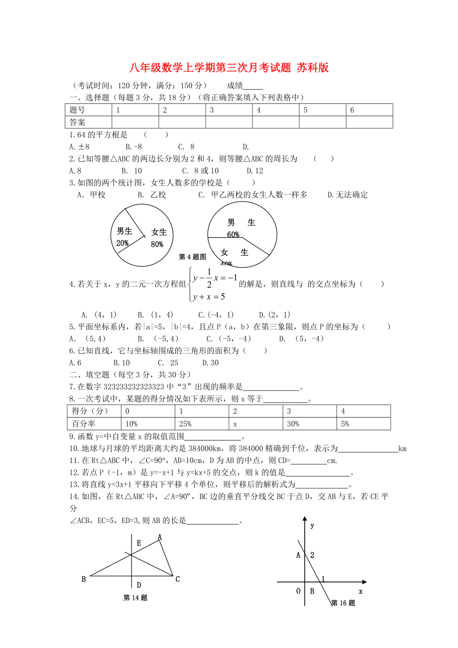 八年級數(shù)學上學期第三次月考試題 蘇科版_第1頁