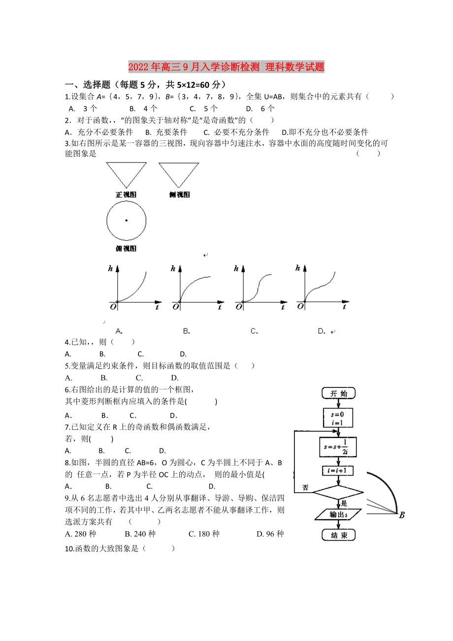 2022年高三9月入學(xué)診斷檢測(cè) 理科數(shù)學(xué)試題_第1頁(yè)