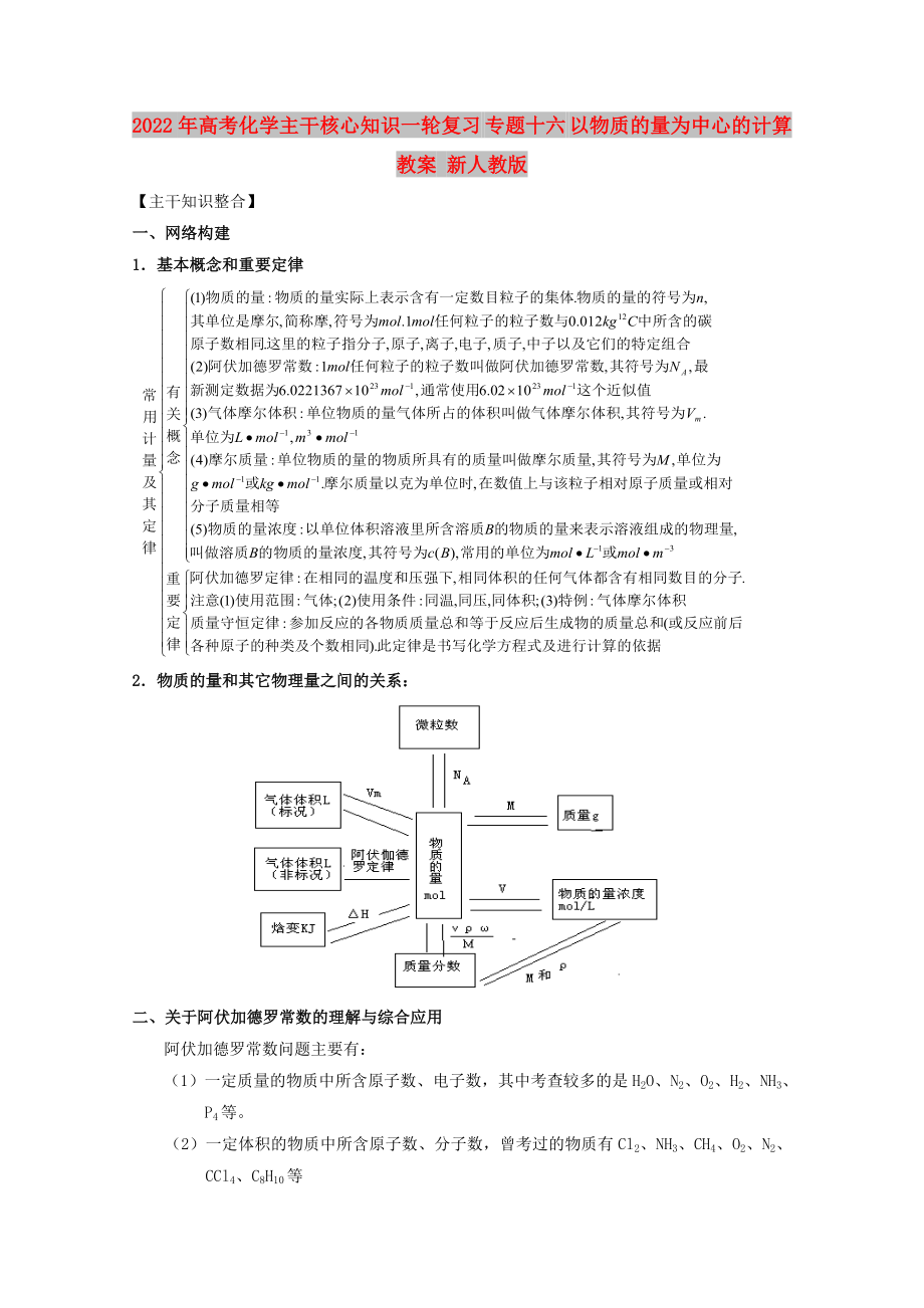 2022年高考化学主干核心知识一轮复习 专题十六 以物质的量为中心的计算教案 新人教版_第1页