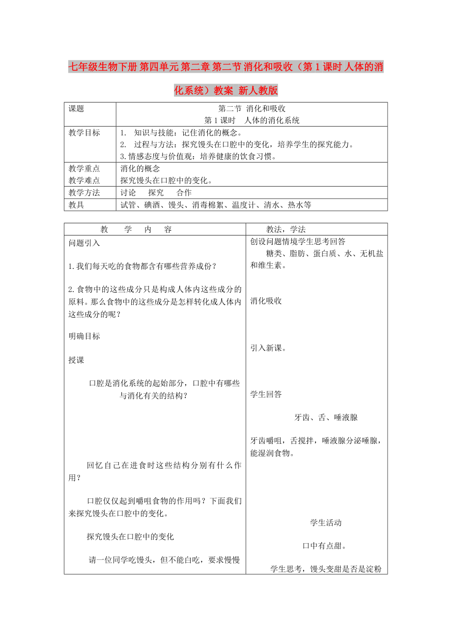 七年級生物下冊 第四單元 第二章 第二節(jié) 消化和吸收（第1課時 人體的消化系統(tǒng)）教案 新人教版_第1頁