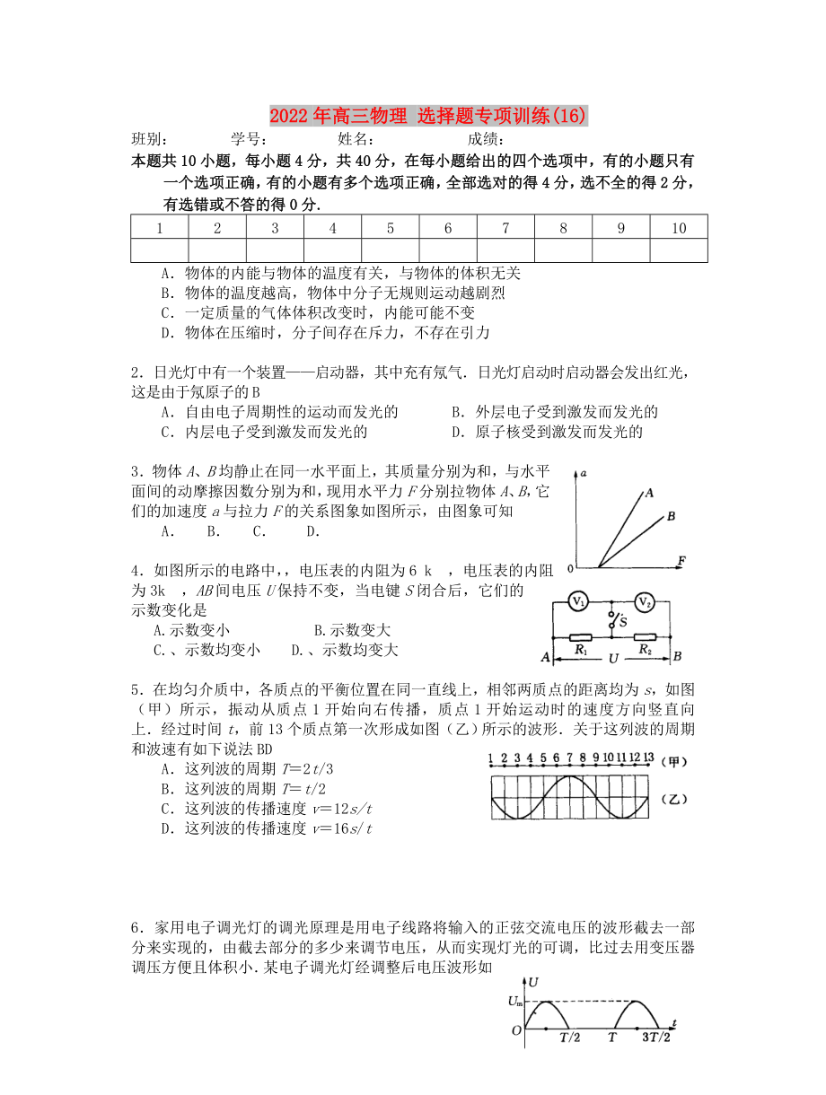 2022年高三物理 選擇題專項訓練(16)_第1頁