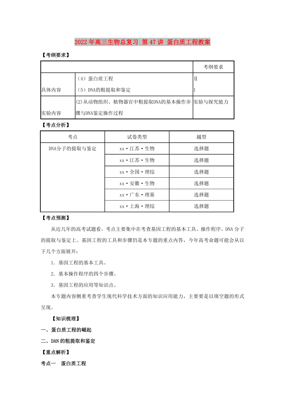 2022年高三生物總復(fù)習(xí) 第47講 蛋白質(zhì)工程教案_第1頁(yè)