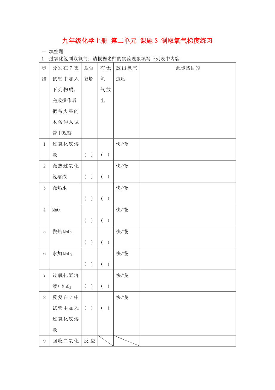 九年级化学上册 第二单元 课题3 制取氧气梯度练习_第1页