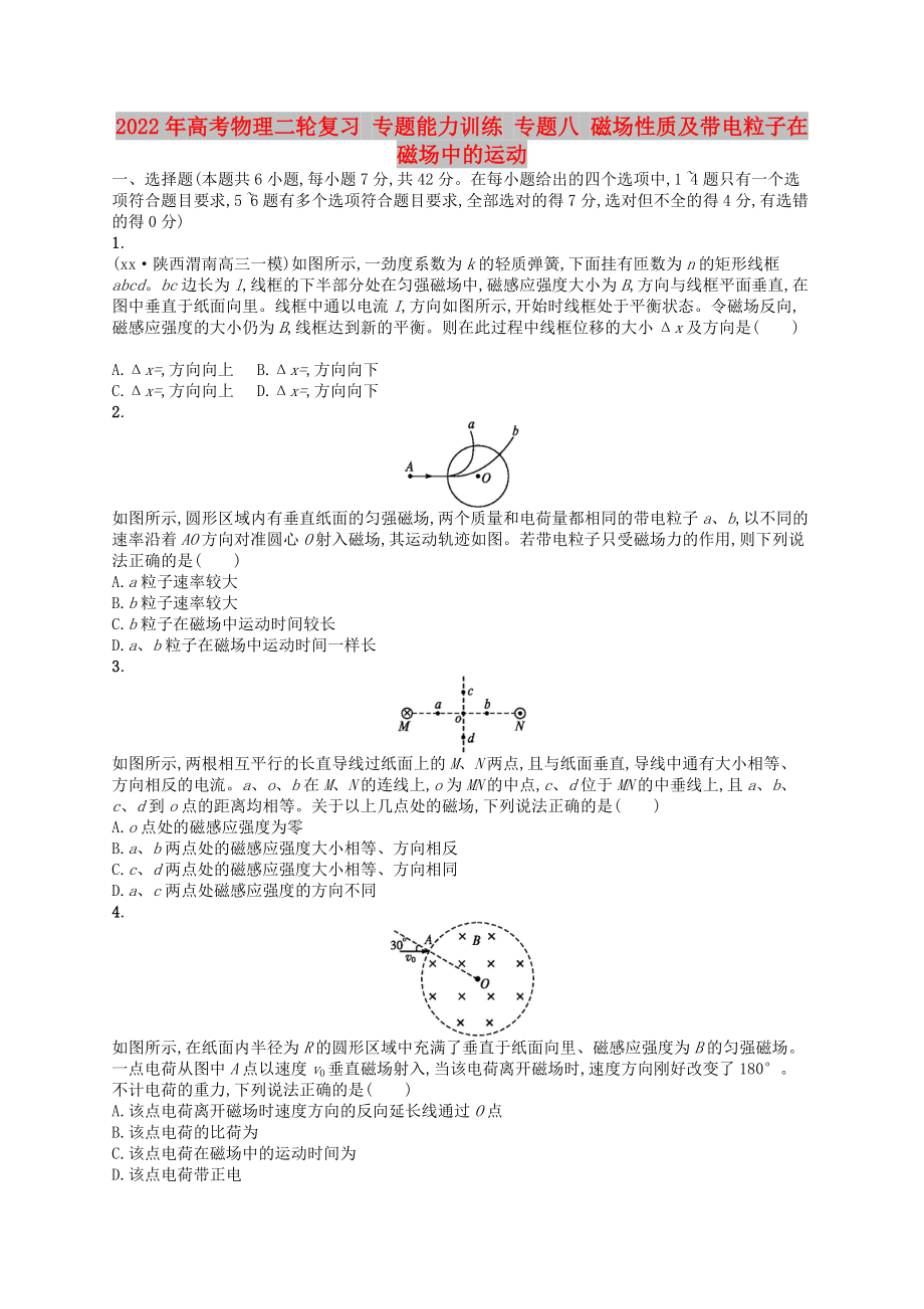 2022年高考物理二輪復(fù)習(xí) 專題能力訓(xùn)練 專題八 磁場性質(zhì)及帶電粒子在磁場中的運動_第1頁