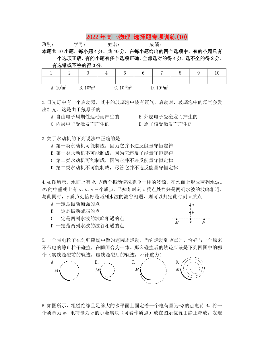 2022年高三物理 選擇題專項訓練(10)_第1頁