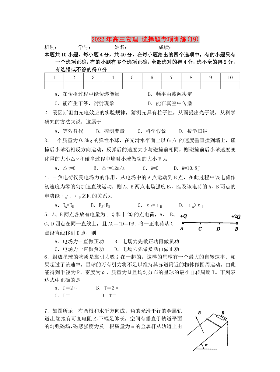 2022年高三物理 選擇題專項(xiàng)訓(xùn)練(19)_第1頁(yè)