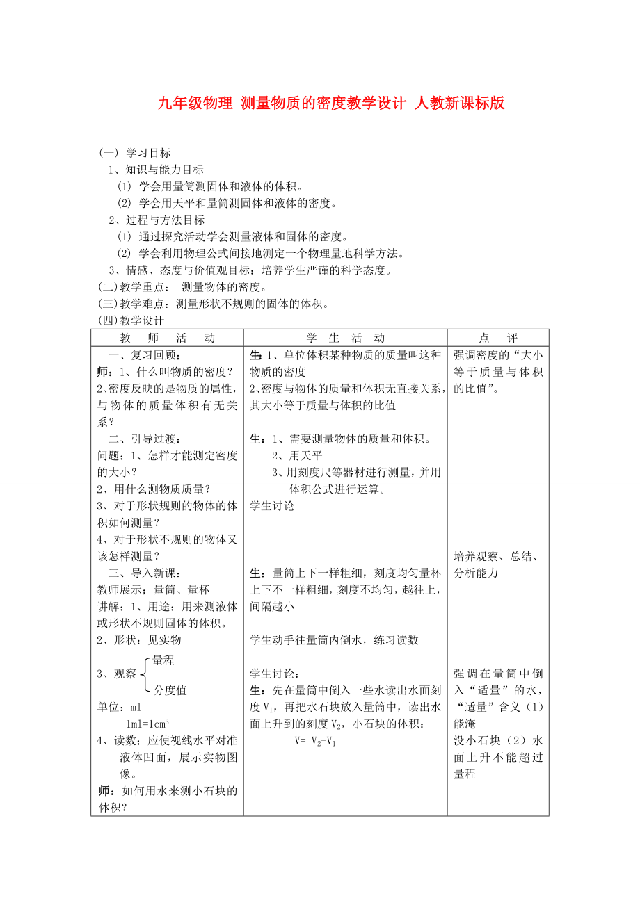 九年级物理 测量物质的密度教学设计 人教新课标版_第1页