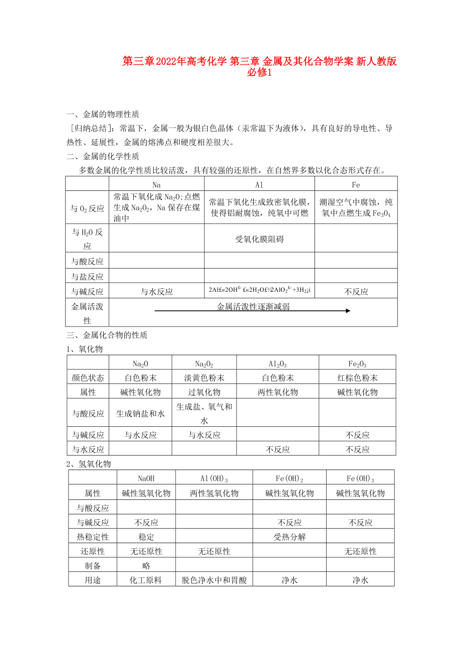 2022年高考化學(xué) 第三章 金屬及其化合物學(xué)案 新人教版必修1_第1頁