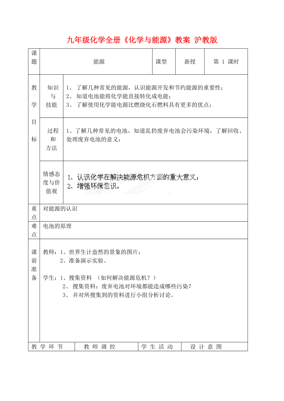 九年級化學(xué)全冊《化學(xué)與能源》教案 滬教版_第1頁